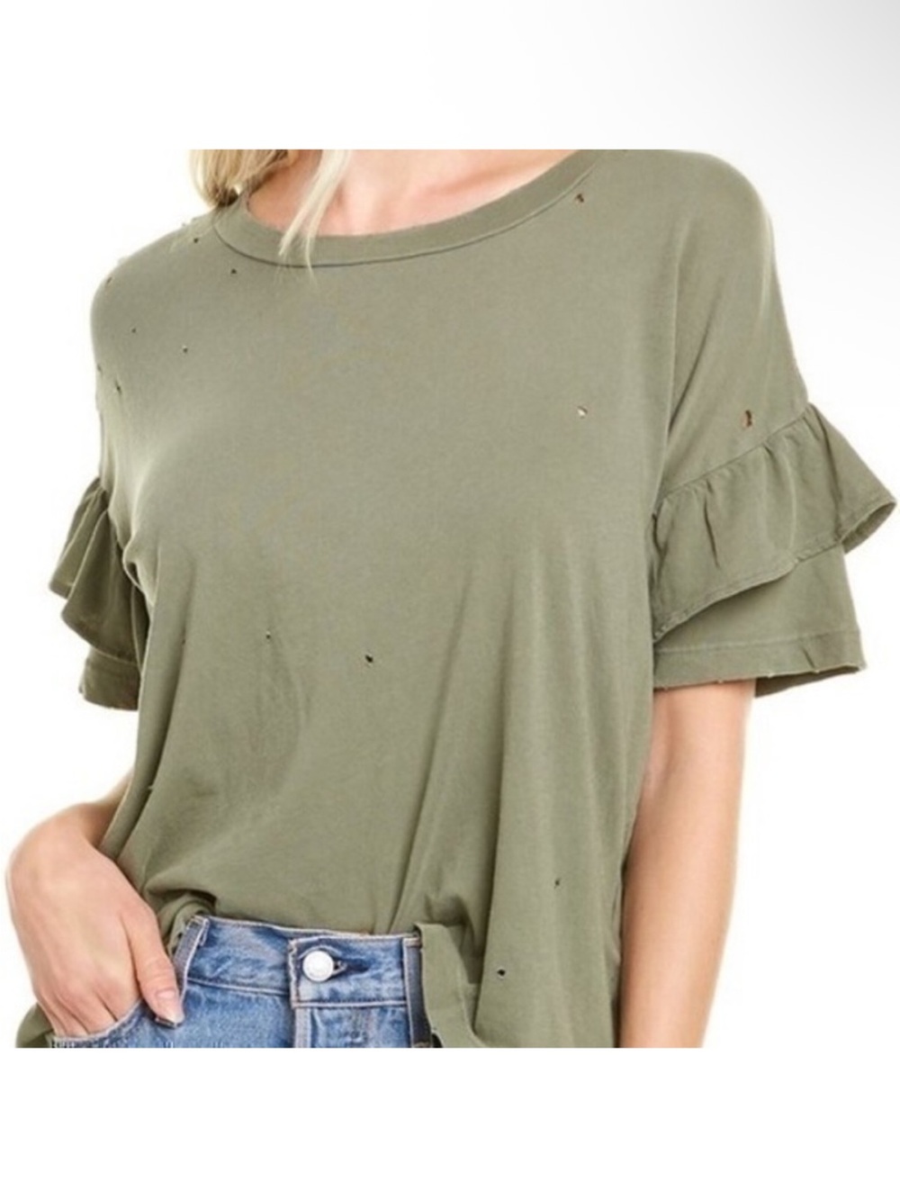 Current Elliott The Ruffle Roadie Tee Top Medium Dusty Olive Green Distressed